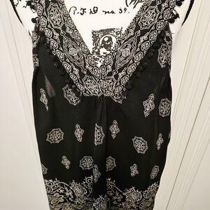 LOFT Black and White Sleeveless Blouse Embellished With Pom Poms